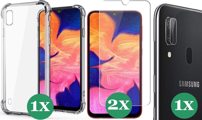 Hoesje geschikt voor Samsung Galaxy A10 - 2x Screenprotector Glas & 1x Camera Screen Protector - Transparant Shock Case