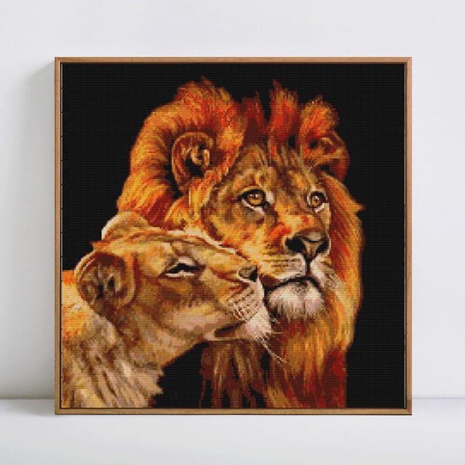 Peinture diamant thème Lion et fils, broderie complète, point de croix 30x30CM brown