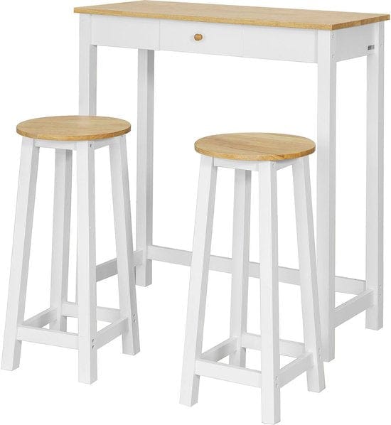 SoBuy Bartafel met 2 Barkrukken - Max. 90 kg per kruk - 95 x 40 x 107 cm - Wit/ Naturel