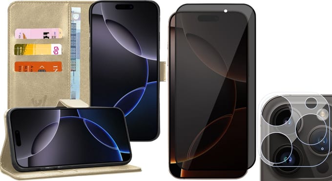 Hoesje geschikt voor iPhone 16 Pro Max - Privacy Screenprotector Volledig Dekkend Glas & Camera - Portemonnee Book Case Goud