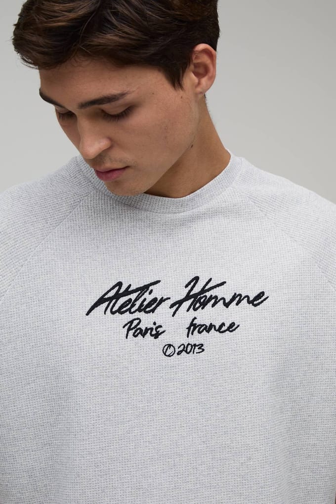 Oversized Embroidered Waffle Raglan T-Shirt | Grey | Size Small