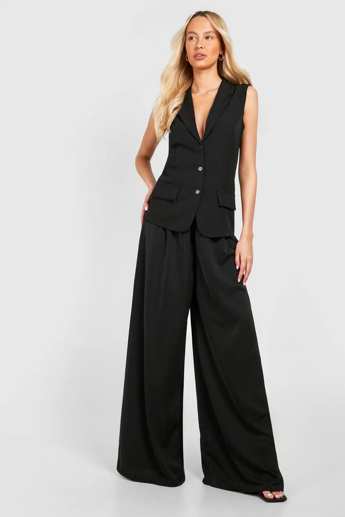 boohoo Dames Lange geweven knoopvest | Zwart | Maat: 42