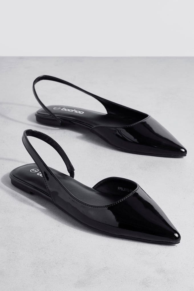 boohoo Dames Slingback Patent Puntige Flats | Zwart | Maat: 41