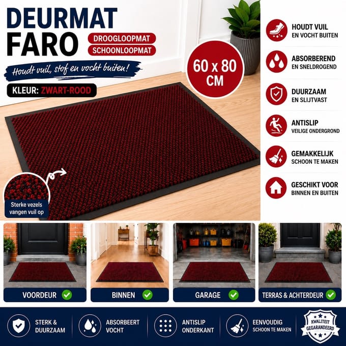 Wicotex - Deurmat - Schoonloopmat Faro - Afmeting 60x80cm - Kleur Zwart Rood