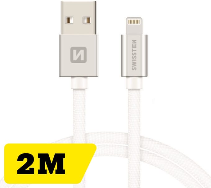 Swissten Lange Lightning Oplaadkabel 2 meter – voor iPhone & iPad – Gevlochten Nylon USB-A Kabel – Zilver