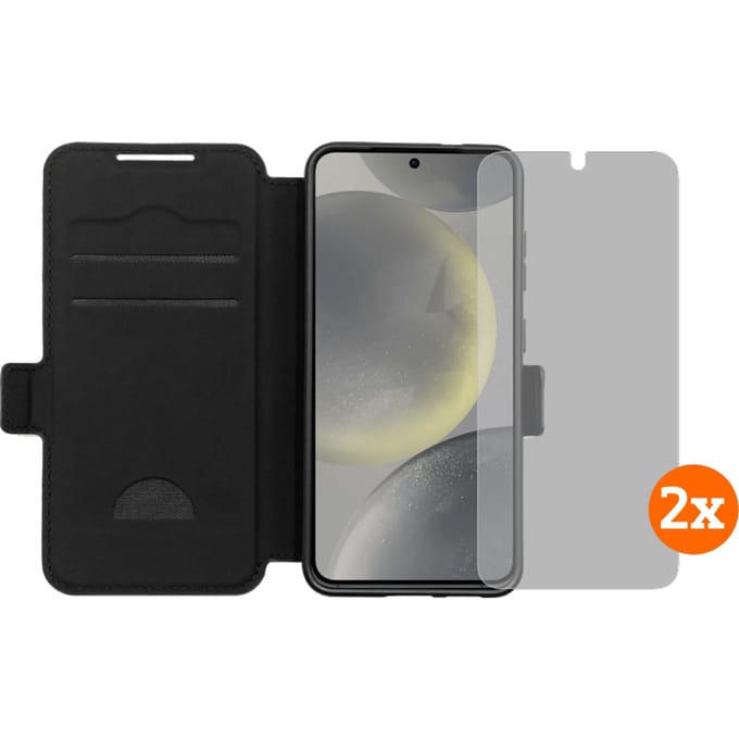 BlueBuilt Samsung Galaxy S25 Book Case Zwart + Screenprotector Glas Duo Pack