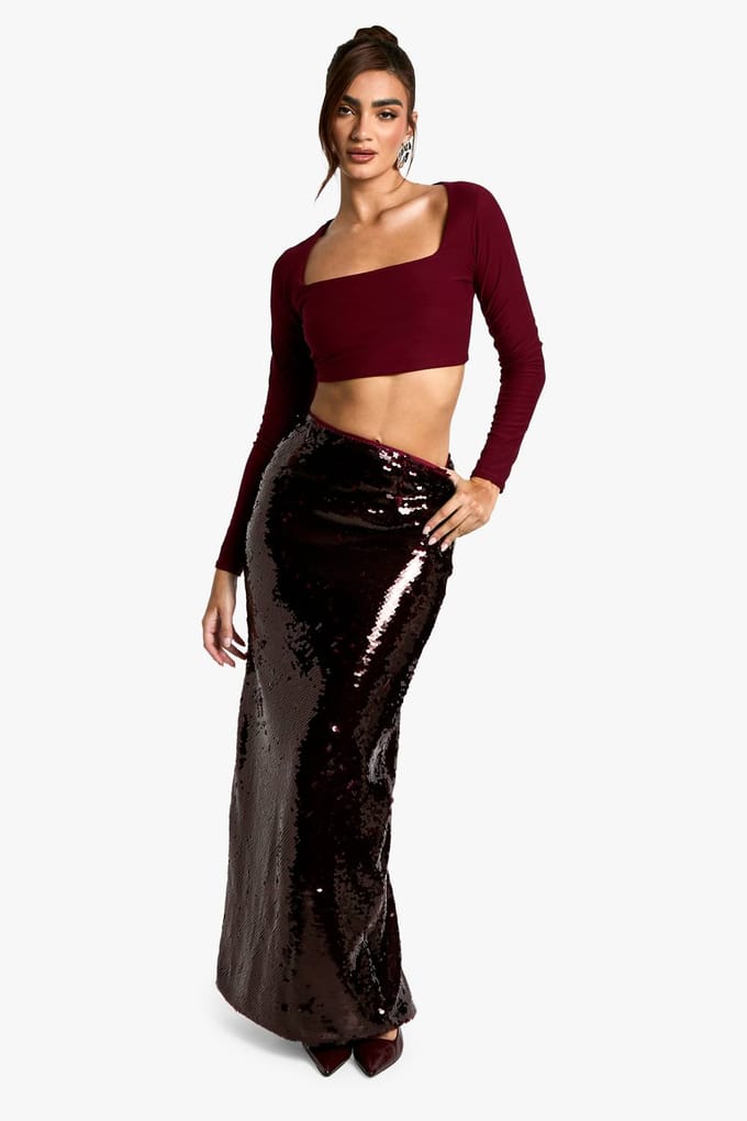 boohoo Dames Premium Paillette Maxi Rok | Berry | Maat: 12
