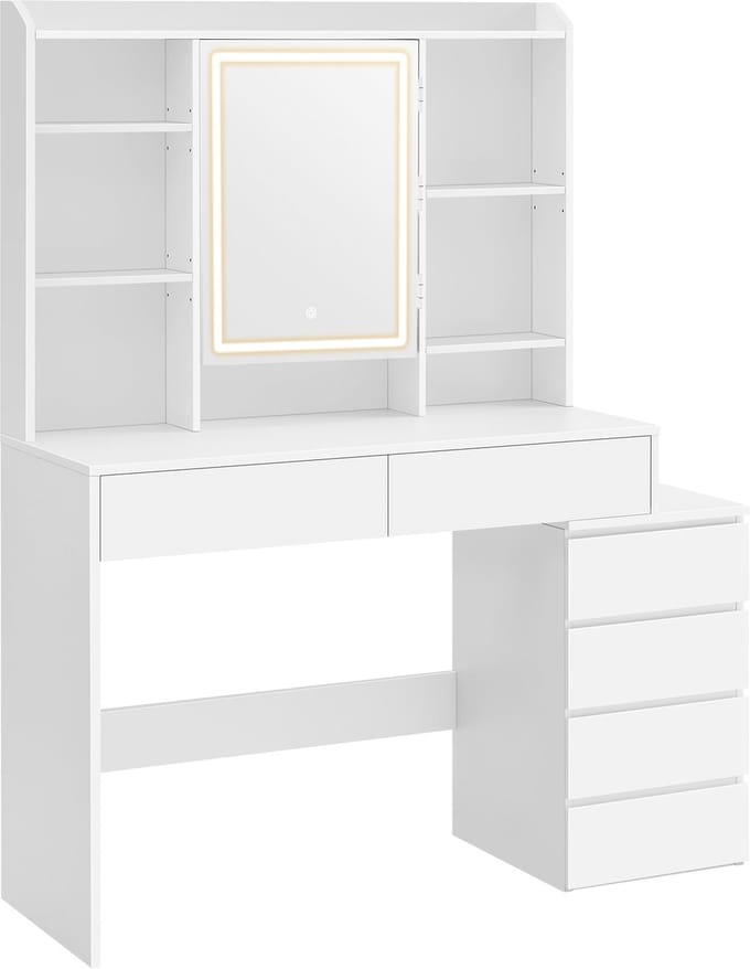 VASAGLE - Kaptafel - Kaptafel met LED-Verlichting - Spiegel met Instelbare Helderheid - Lades en Open Vakken