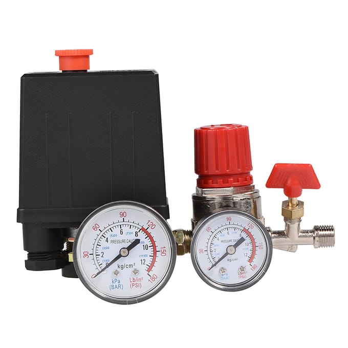 Kleine Luchtcompressor Drukschakelaar Regelventiel Regulator met Manometers wit