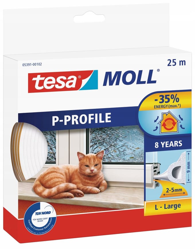 Tesa Tesamoll - Zelfklevende Rubberafdichting - P-profiel - Wit - 9mm x 25m