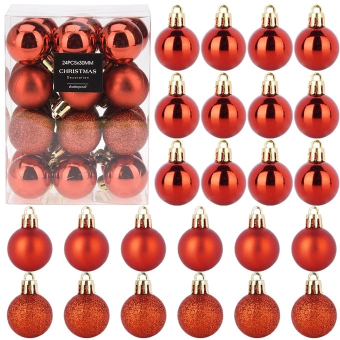 Kerstballen Set Onbreekbaar Rood 3 cm 24 stuks - Kerstdecoratie