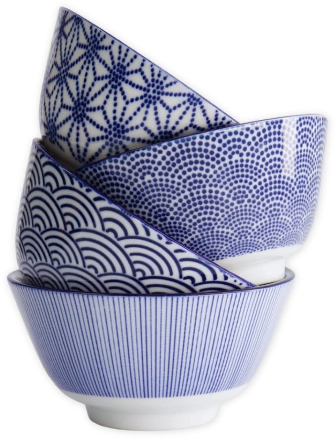 Tokyo Design Studio – Nippon Blue Rijstkommen Set – 4 Stuks – 300 ml – 12 x 6.4 cm