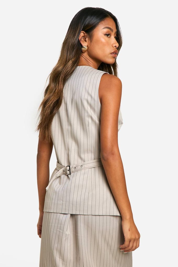 boohoo Dames Tonal Pinstripe Longline Gilet | Steen | Maat: 34