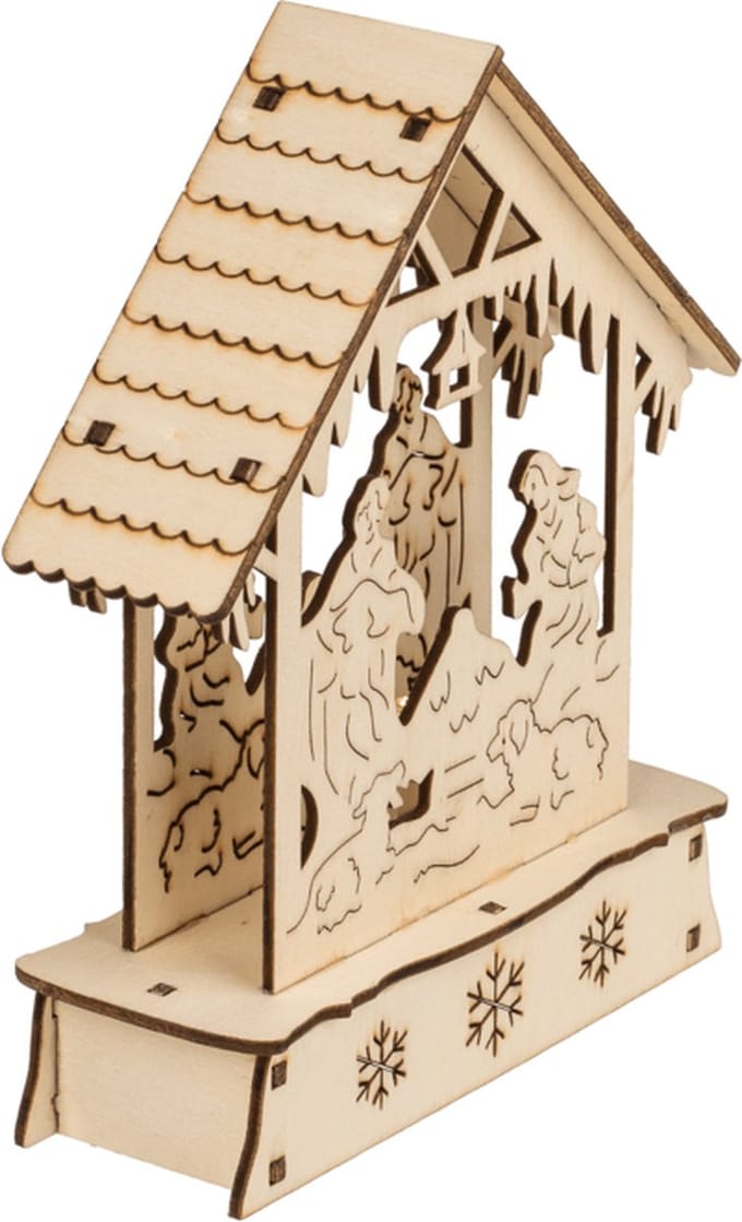 3D houtsnijwerk kerststal met LED verlichting