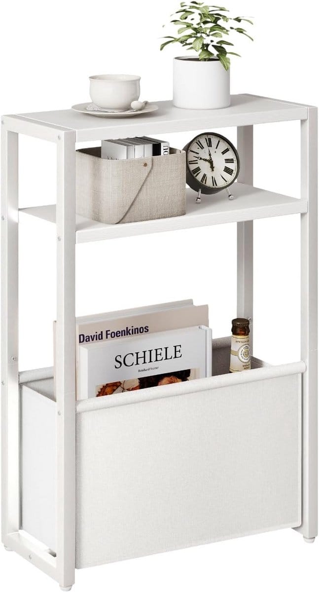 Smalle bijzettafel met opbergmand en drie niveaus