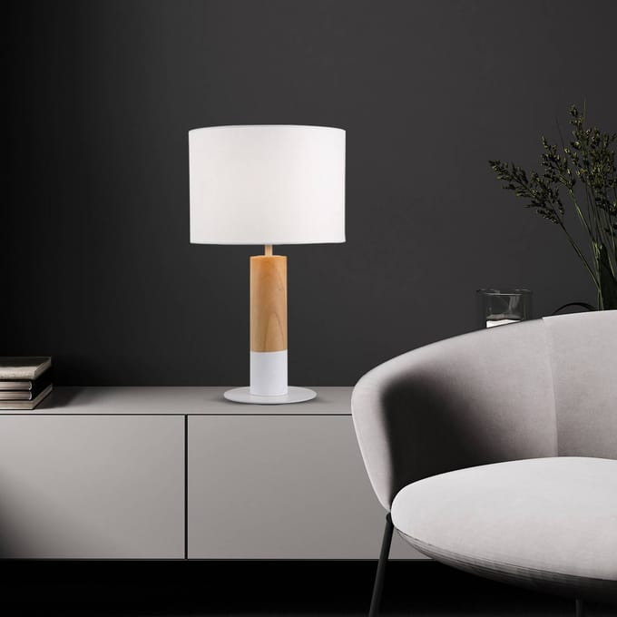 Viokef Tafellamp Carroll, hout licht/wit, hoogte 43 cm, stof