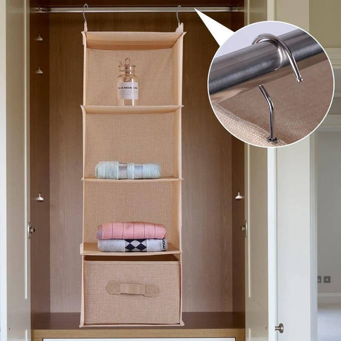 Organisateur de Placard Suspendu Rangement Vêtements 4 Étagères avec Tiroir (Beige) brown