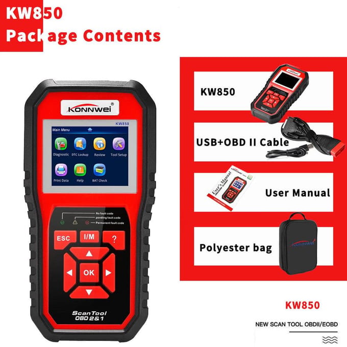 KONNWEI OBDII-scannercodelezer (KW850) Professionele OBDII Anto Scanner autodiagnostische controle rood