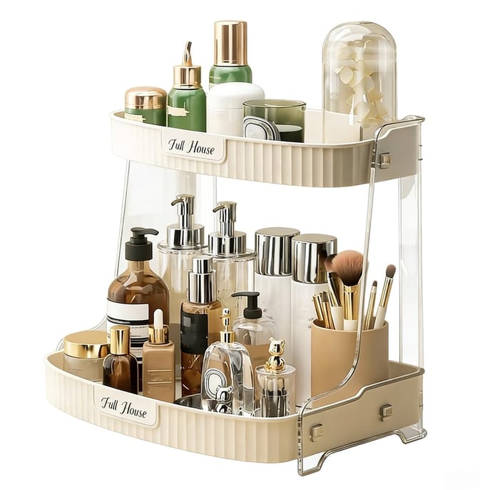 Dubbele Make-up Organizer – Grote Cosmetica Opbergbox voor Lippenstift & Huidverzorging – Crèmewit