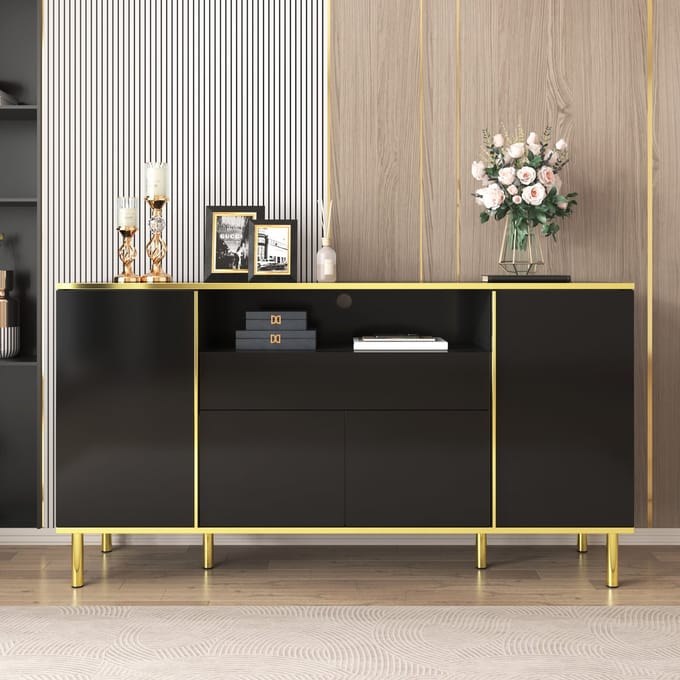 MODFU Hoogglans Zwart Sideboard met 1 Lade, Moderne Kommode, 150x40x80 cm