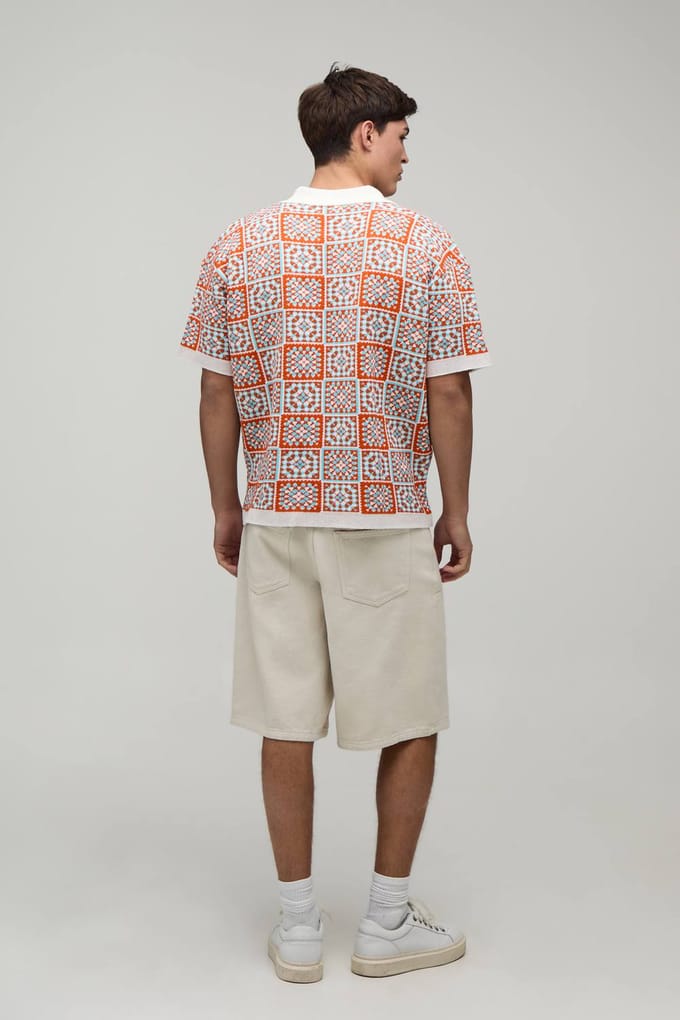 Oversized Boxy Crochet Square Knitted Polo T-Shirt | Orange | Size Small