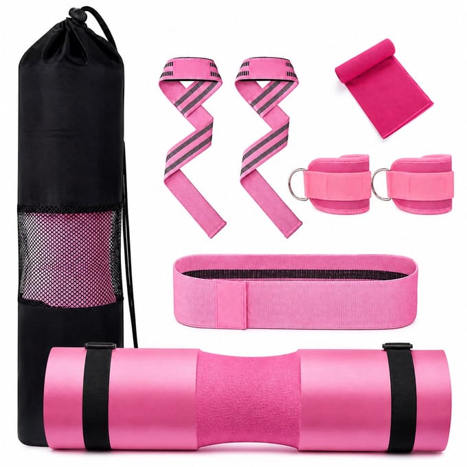 Consumerce® All-In-1 Fitness Set - Roze - Barbell Pad - Lifting Straps - Enkel Cuffs - Booty Band Elastiek - Hip Thrust - Kickback