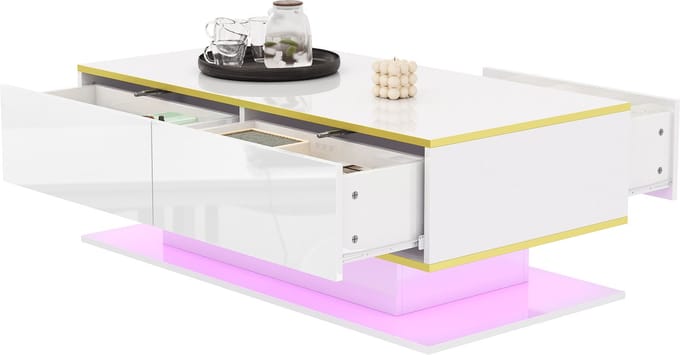 Moderne LED Salontafel - Hoogglans - 100 cm - Gouden Afwerking - 3 Laden - USB-LED-Lichtstrip - MDF - Zwart