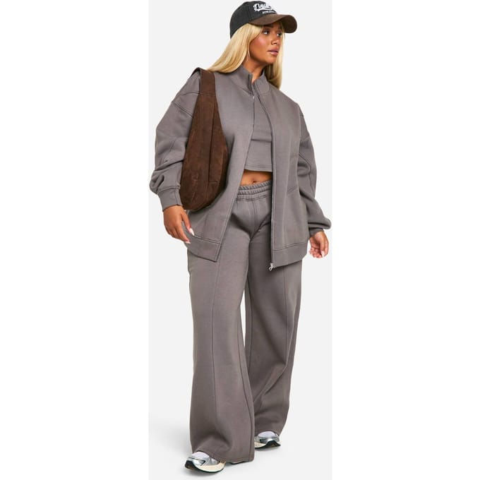 boohoo Dames Plus naaddetail rits door 3-delig trainingspak | Houtskool | Maat: 52