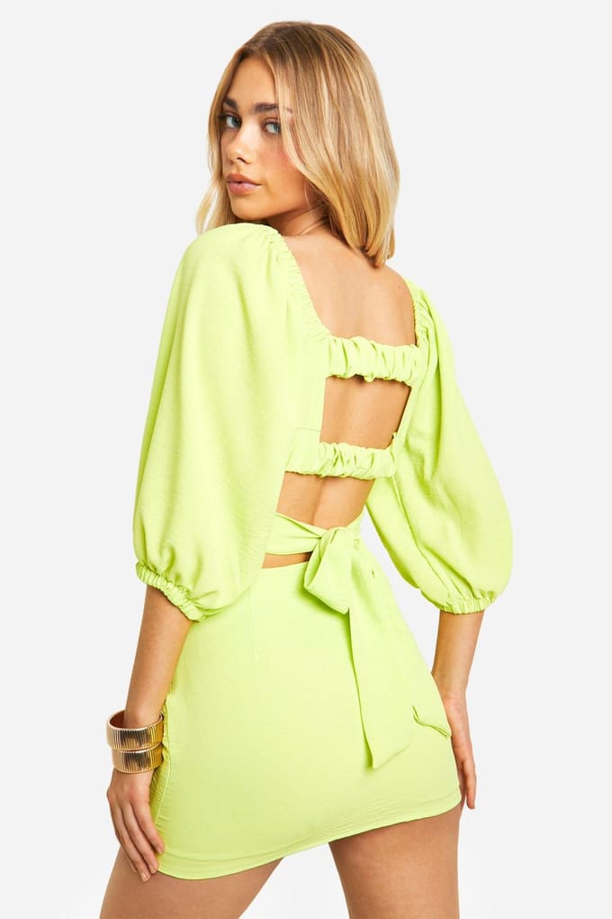 boohoo Dames Gehamerde Tie Back Crop & Mini-rok | Lime | Maat: 6