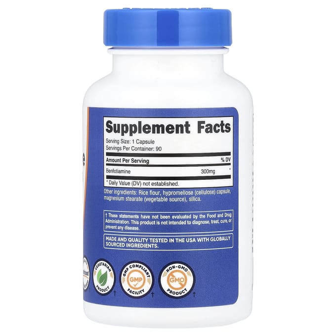 Benfotiamine, Vetoplosbare Vitamine B1, 300 mg, 90 capsules