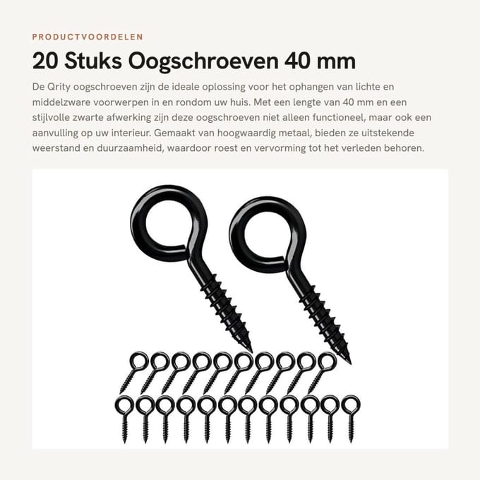 Dailygoods - 20 Stuks Oogschroeven 40 mm - Zwart - Voor Hangen van Lichte Voorwerpen