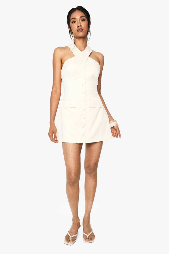 boohoo Dames Halterneck Tailored Micro Mini Jurk | Ivory | Maat: 14