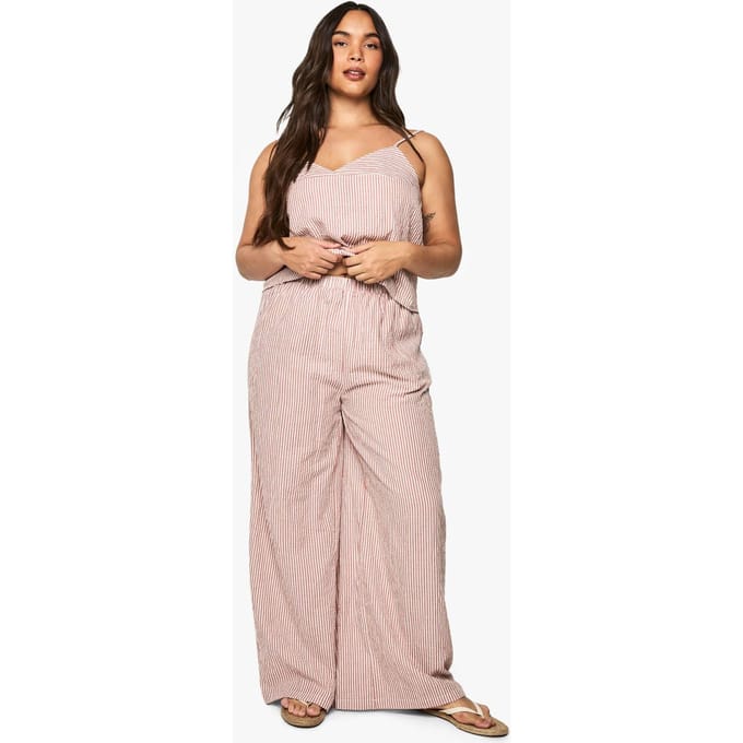 boohoo Dames Plus geweven gestreepte broek met elastische taille en wijde pijpen | Terracotta | Maat: 48