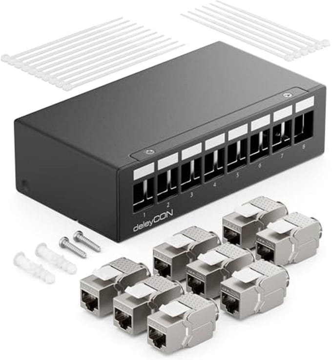 8-Poorts Patchpanel Set met RJ45 Keystone Jack Modules - STP CAT6a Compatibel