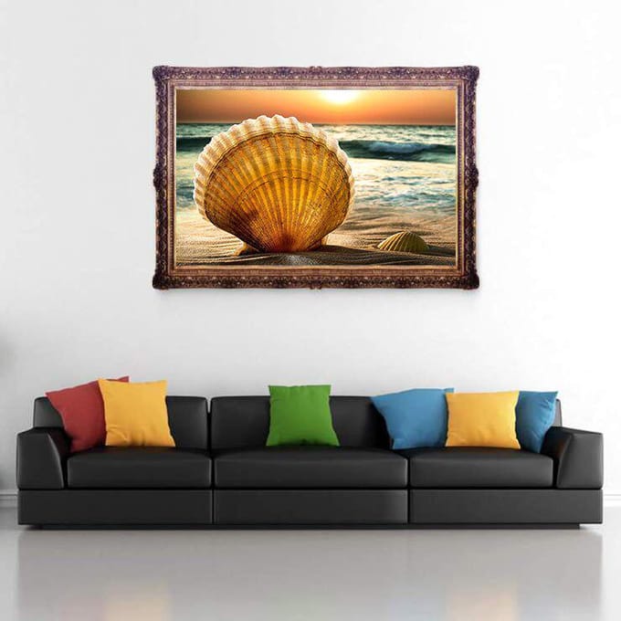 Peinture Diamant 5D Coquillage de Plage & Coucher de Soleil Point de Croix Broderie Diamant Strass 20X30CM beige