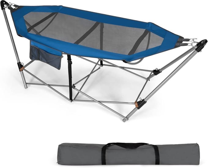 Hangmat met frame - Draagbare schommel - Ontspanning buiten - Inklapbaar en draagbaar - 227 x 82 cm - Blauw