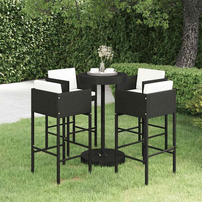vidaXL - 5-delige - Tuinbarset - met - kussens - poly - rattan - zwart
