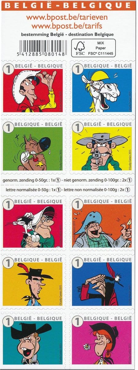Bpost - Strips - 10 postzegels tarief 1 - Verzending België - Lucky Luke