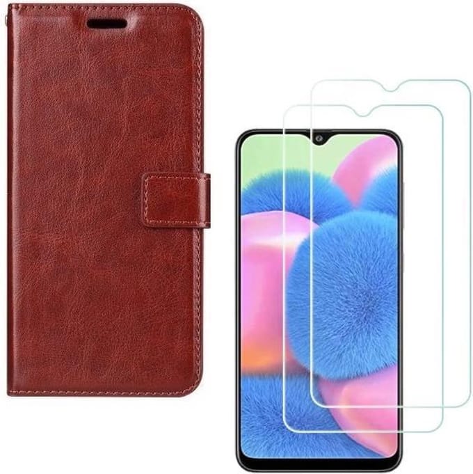 Bookcase hoesje Geschikt voor: Samsung Galaxy A50S Portemonnee bruin met 2 stuks Glas Screen protector