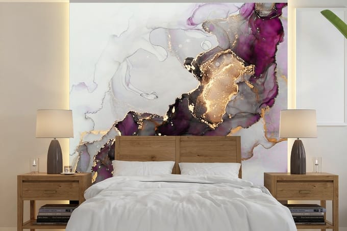 Behang - Fotobehang Marmer - Abstract - Goud - Paars - Breedte 280 cm x hoogte 280 cm