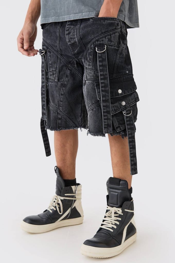 Oversized Strap And Buckle Detail Denim Jorts | Washed Black | Size 48