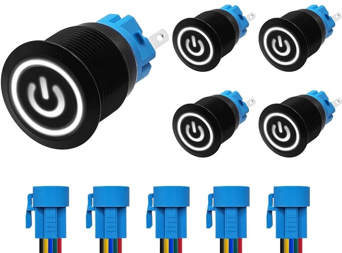 ProRide Drukschakelaar ON-OFF 220V - 19mm Metaal - Waterdicht - LED Wit - Met Kabels - 5 stuks