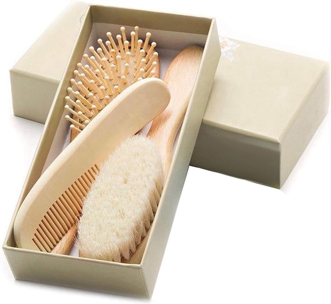 Aurgan – Babykam set met extra zachte borstel - borstel bamboe - geitenhaar borstel