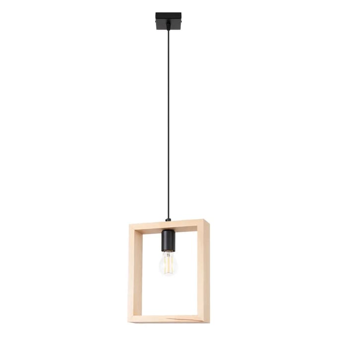 Hanglamp ARIES met open rechthoekig houten frame - Sollux Lighting - IP20 - Natuurlijk hout staal/hout behuizing - 24 x 8 x 133 cm - 1 x E27 LED, exclusief lichtbron - Max. 15 W - Scandinavische hanglamp voor woonkamer, slaapkamer en eetkamer