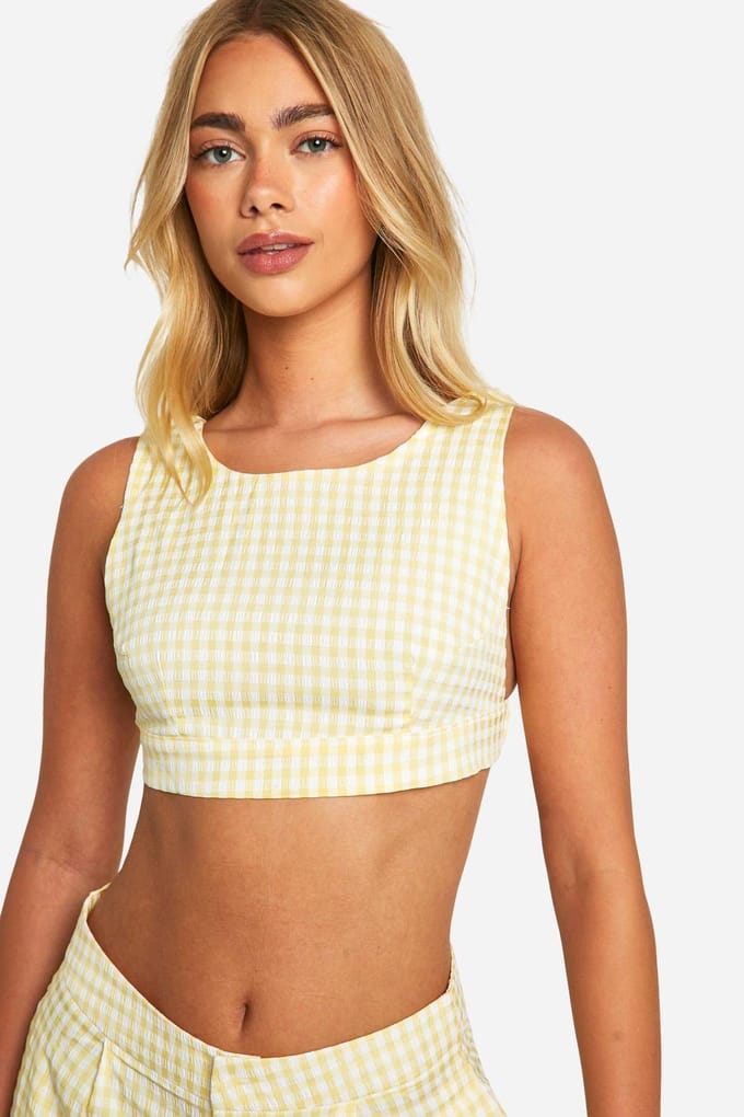 boohoo Dames Gingham Rugloze Crop Top | Citroen | Maat: 44