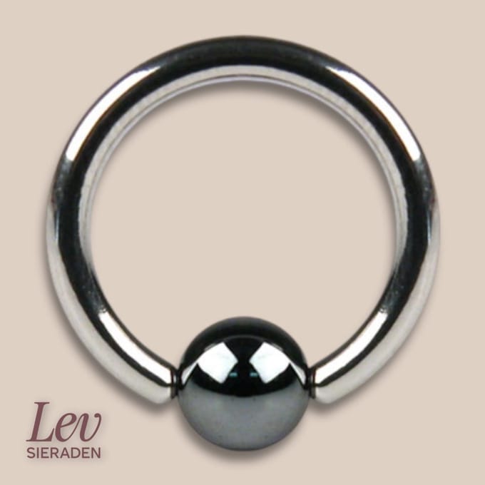 Lev Sieraden - Titanium 1.6 x 12 mm Bal Closure Ring piercing met hematit clip in balletje BCR - Piercing ring