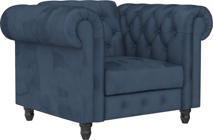 Felix-Blauw fluwelen chesterfield fauteuil