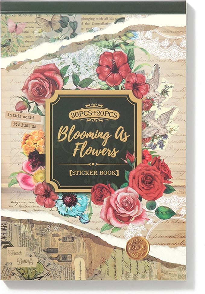 SIMNO® Sticker- en papierset - 50 vellen - Set met vellum stickers, hobbypapier en decoratiepapier voor bullet journal en scrapbook - Blooming as Flowers