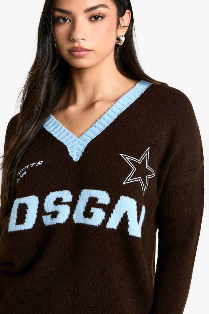 boohoo Dames DSGN Geborduurde Oversized V-hals Gebreide Trui | Chocoladebruin | Maat: Medium
