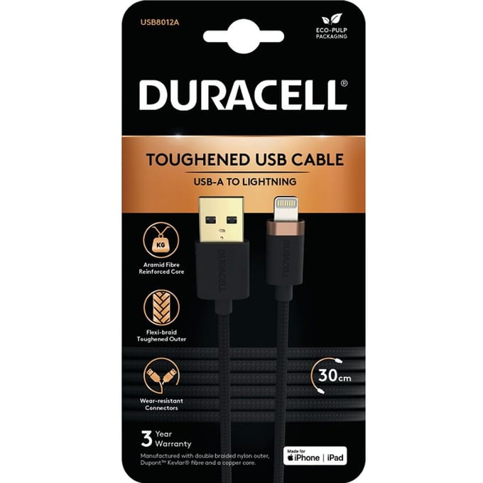Duracell Toughened Kevlar MFi USB-A naar Lightning Kabel 0.3 Meter 3A Zwart